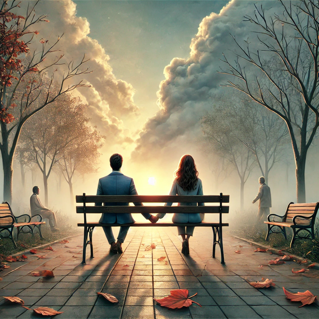 a man and woman sitting on a bench in a park. Pessimismo saudável