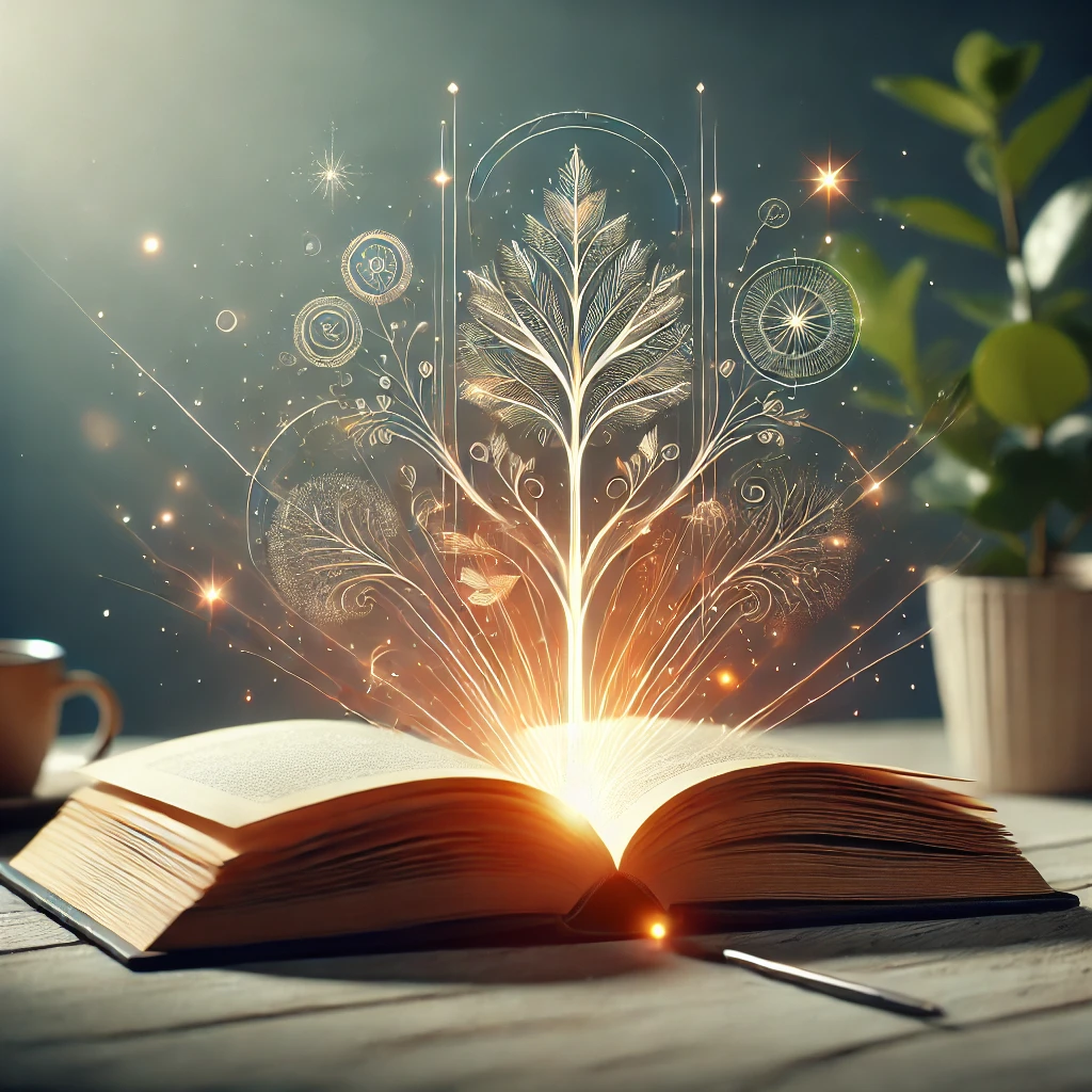 a book with a glowing tree and a plant. Livro