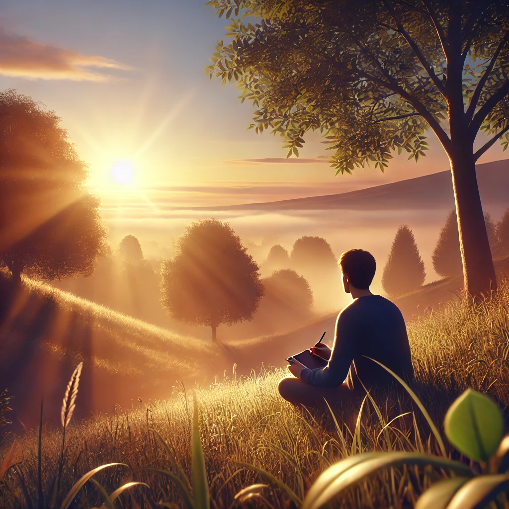 a man sitting in a grassy hill looking at the sun