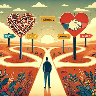 a man standing in a crossroad with signs and hearts